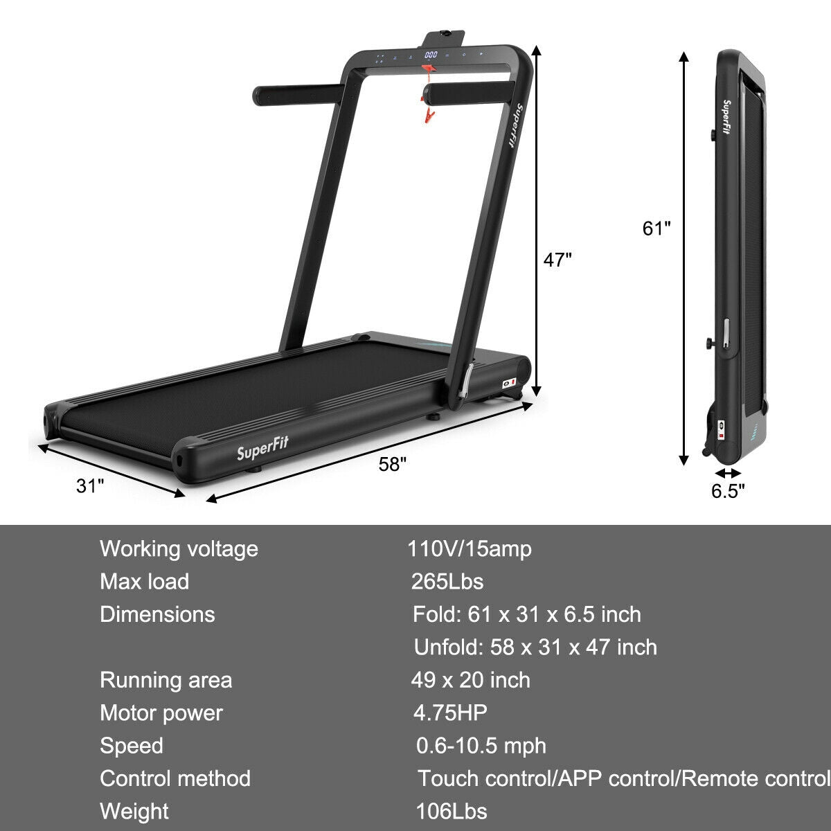 4.75HP 2 In 1 Folding Treadmill with Remote APP Control