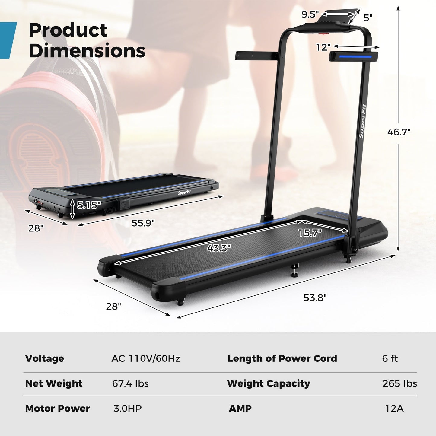 2 in 1 Folding Treadmill with Incline with Remote Control