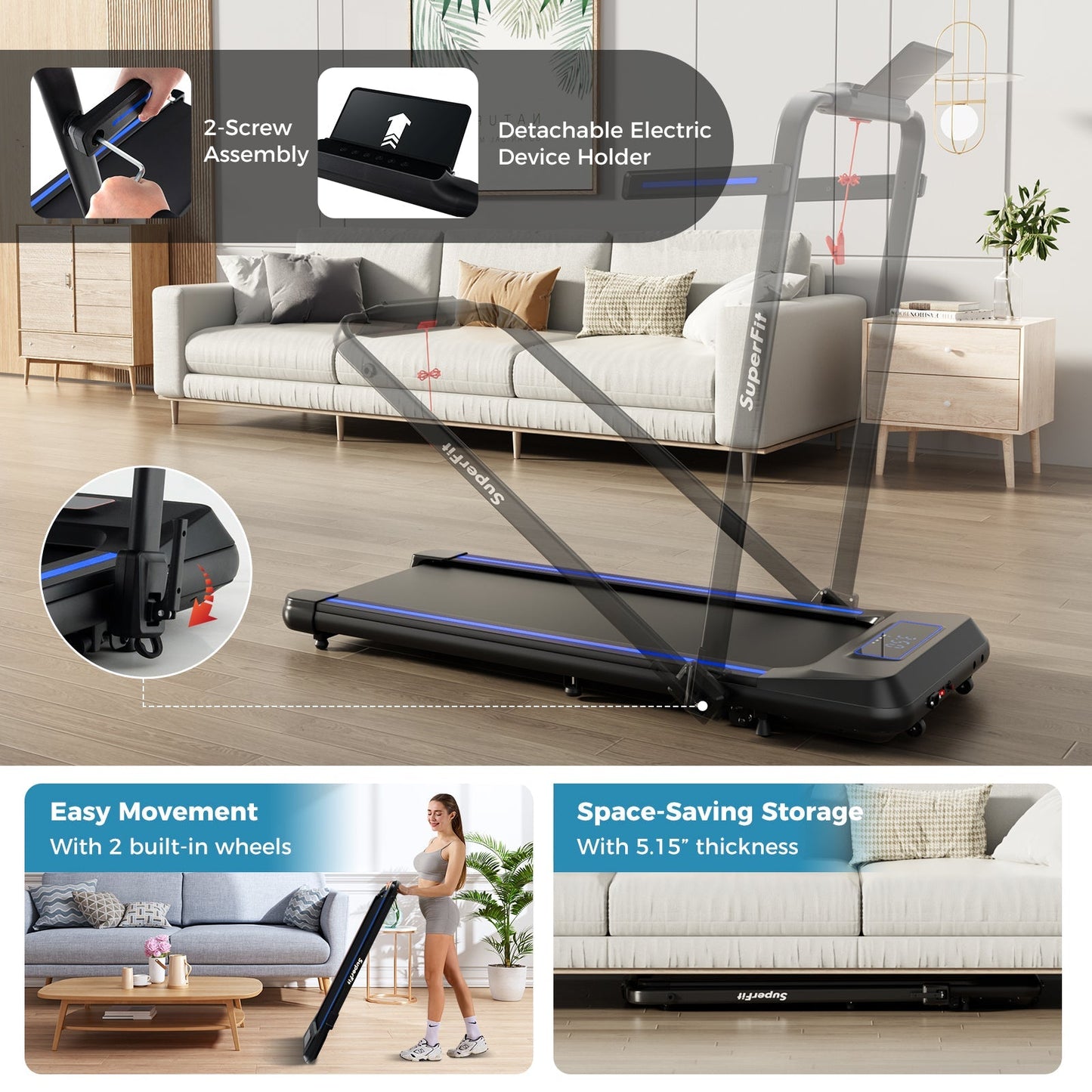 2 in 1 Folding Treadmill with Incline with Remote Control