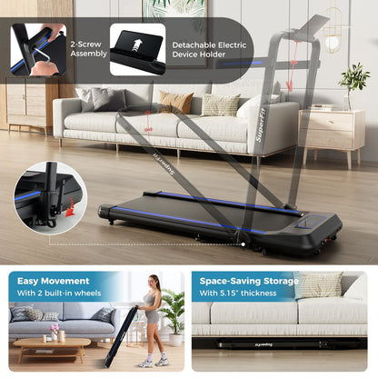 2 in 1 Folding Treadmill with Incline with Remote Control