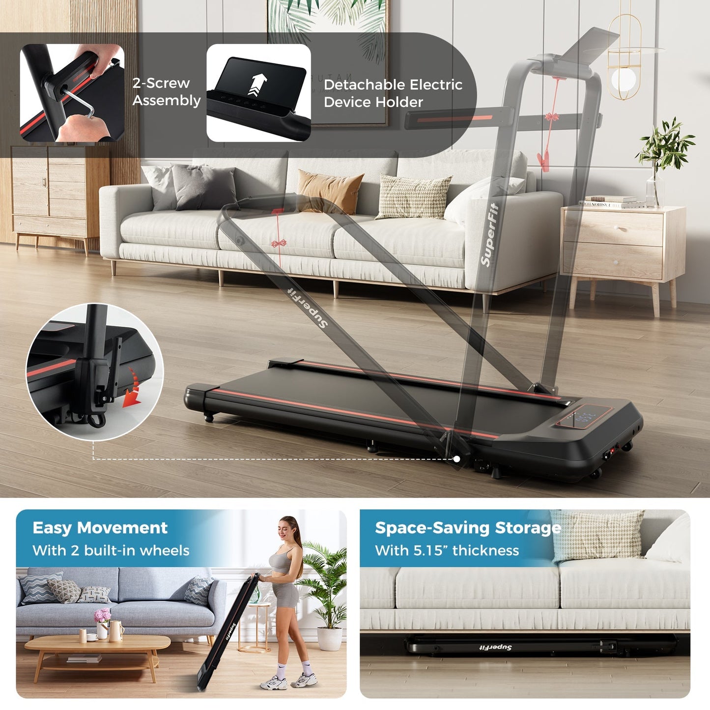 2 in 1 Folding Treadmill with Incline with Remote Control