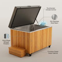 Cedar Cold Plunge Built for Daily Recovery, 304 Stainless Steel Basin, Multi-Stage Filtration, Whisper-Quiet — infographic