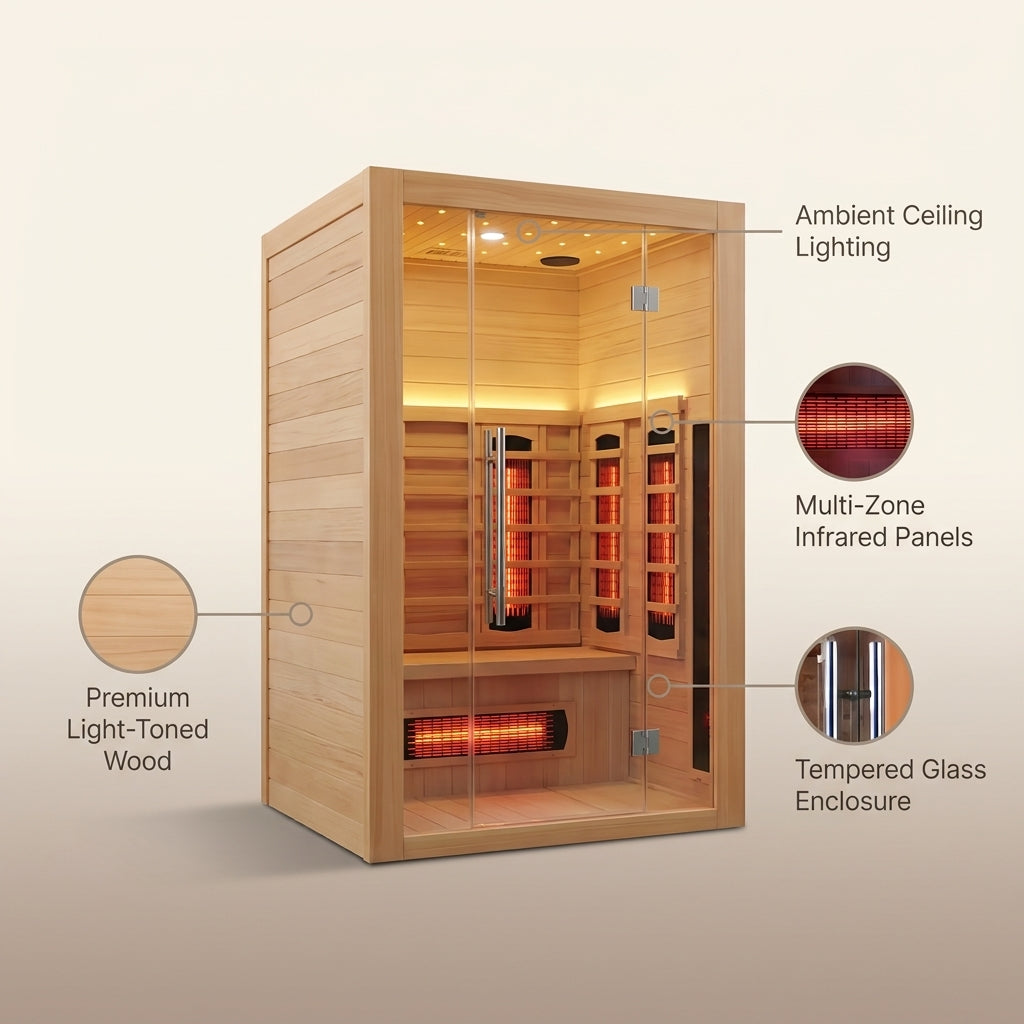 Heliox LuminaWood Infrared Sauna Cabin — infographic
