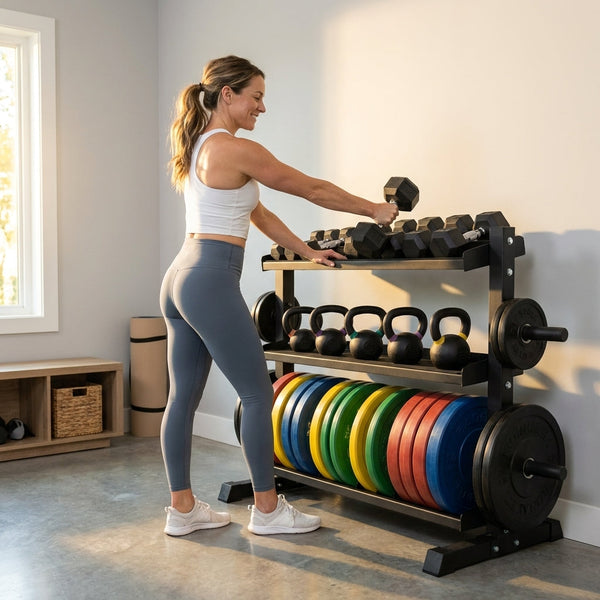 Weight Rack Built for Home Gym Organization, Commercial-Grade Steel, Three Shelves, Olympic Plate Pegs