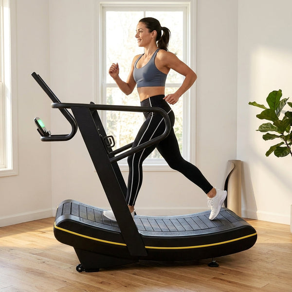 Manual Treadmill Designed for Natural Running, Self-Powered Curved Deck, Digital Monitor, Compact Frame